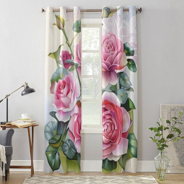 Super Six Vorhang mit floralem Rosenmuster in Grau, Rosa und Grün, halbtransparent, B: 135 cm, H: 60 cm - Bild 1