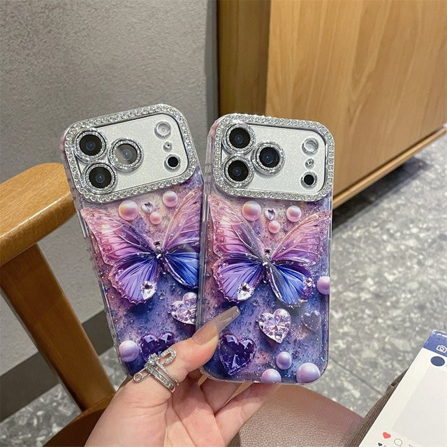 Potdemiel Handyhülle mit Schmetterlingsmuster in Lila für iPhone 17 16 15 14 13 Pro Max mit glitzernder Linsenfolie und stoßfestem Schutz - Bild 1