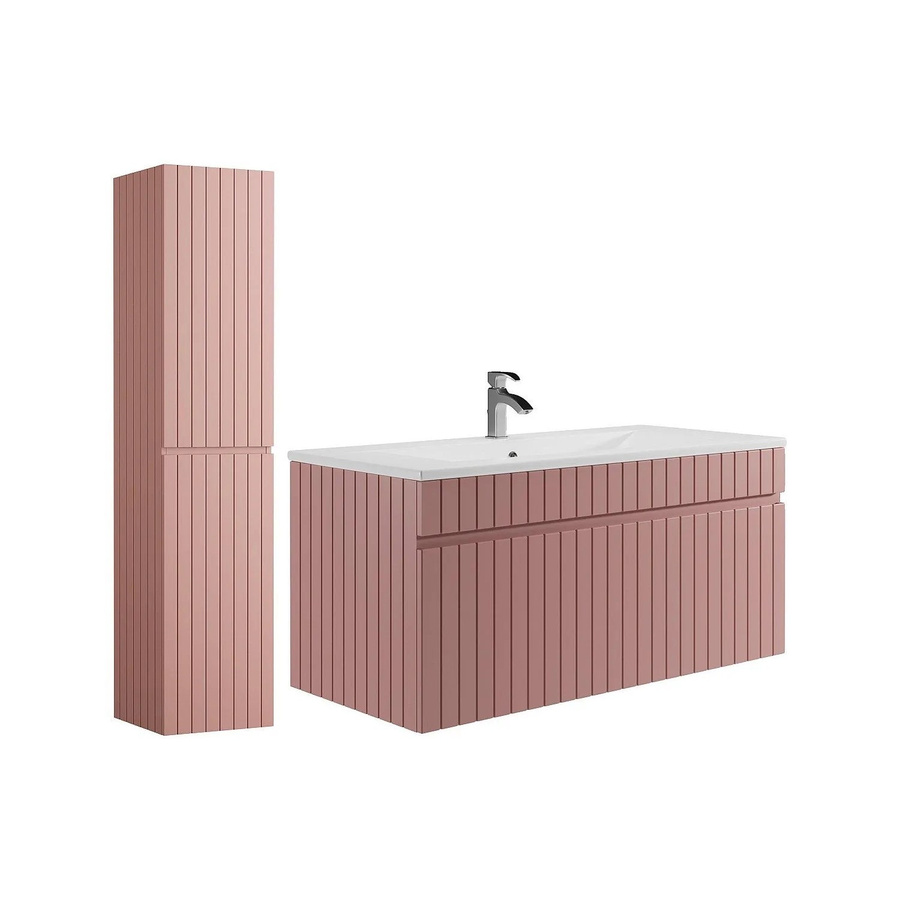 Vente-unique Badmöbel-Set Satara in Puderrosa mit Einbauwaschbecken und Hochschrank, Breite: 100 cm, matt mit Rillenoptik - Bild 2