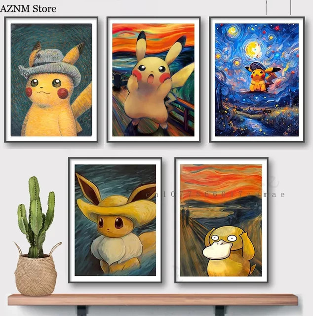 Pokemon Anime Pikachu Poster im Van Gogh Aquarell-Stil als HD Wandkunst auf Leinwand, Mehrfarbig - Bild 1