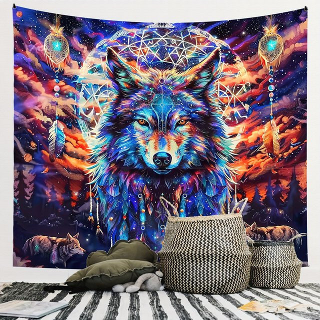 VIKAMA Enchanted Wolf Starry Forest Wandteppich in Multicolour als dekorative Wanddekoration für Wohnzimmer, Schlafzimmer oder Kinderzimmer - Bild 1