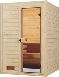 WEKA Massivholzsauna Valida 1 für 4 Personen in Braun inklusive 3,6 kW Ofen mit externer Steuerung und BioS Glastür - Bild 1