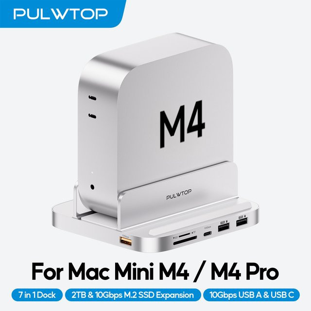 PULWTOP USB Hub für Mac Mini M4 und M4 Pro in Silber mit M.2 SSD-Gehäuse, USB-A/C 3.2, Audio-Mikrofon sowie SD/TF-Kartenslot - Bild 1