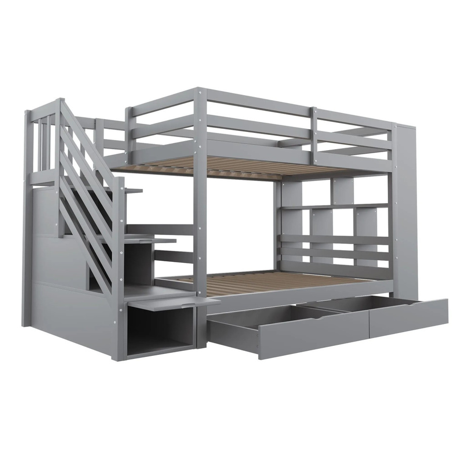 Merax Etagenbett für Kinder aus Kiefer und MDF mit Treppe und Schubladen, Grau/Weiß, B/T/H: 200 x 90 x 176,5 cm - Bild 2
