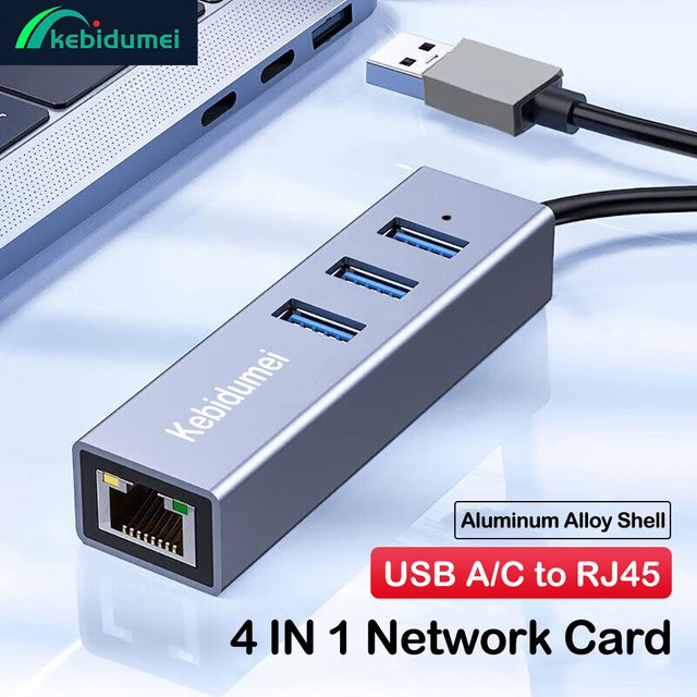 Kebidumei 4 in 1 USB 3.0 Hub-Adapter mit USB-C auf RJ45 Gigabit Ethernet Konverter, 1000 Mbit/s, Grau - Bild 1