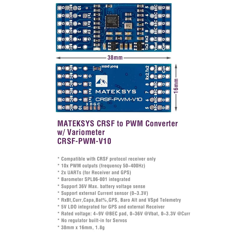 Matek CRSF-PWM-V10 10CH Konverter Variometer für TBS 915M 2.4G ExpressLRS Empfänger FPV Starrflügel-Drohnen-Flugsteuerung in Blau - Bild 3