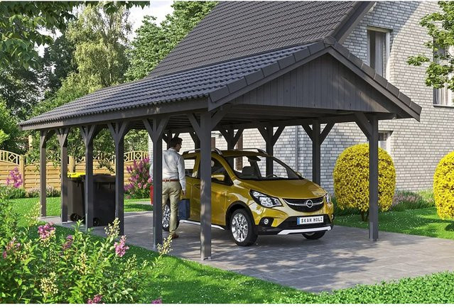 Skan Holz Carport Wallgau Satteldach aus Nadelholz in Schiefergrau B/T: 430 x 900 cm, Höhe: 326 cm - Bild 1