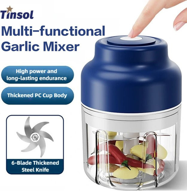 TINSOL Elektrische Knoblauchmühle und Mini-Küchenmaschine in Blau, 320 ml, USB-aufladbar - Bild 1