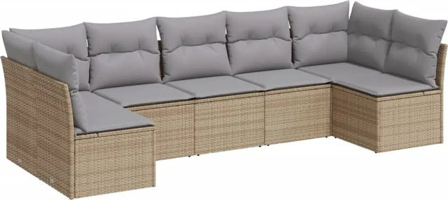 vidaXL 7-tlg. Garten-Sofagarnitur in L-Form aus beige farbenem PE-Rattan mit Kissen und Stauraum - Bild 1
