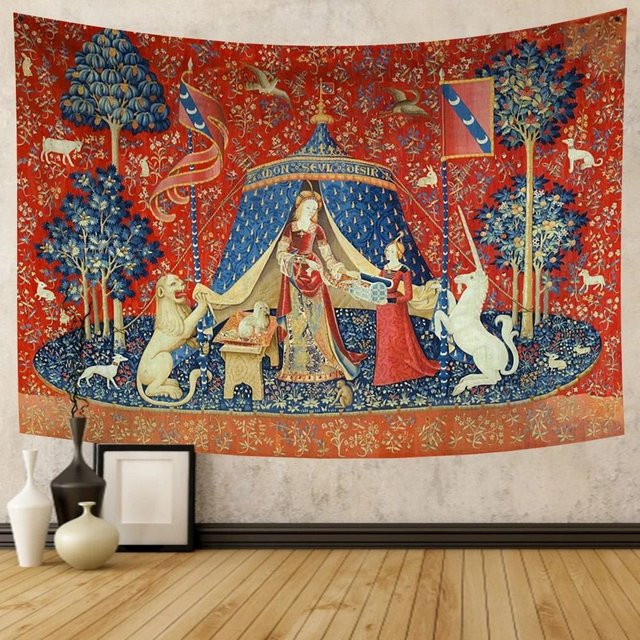 VIKAMA Mittelalterlicher Wandteppich mit Einhorn- und Löwenmuster in Multicolour, Wandbehang für Wohnzimmer und Schlafzimmer, B/H: 40 x 60 cm - Bild 1