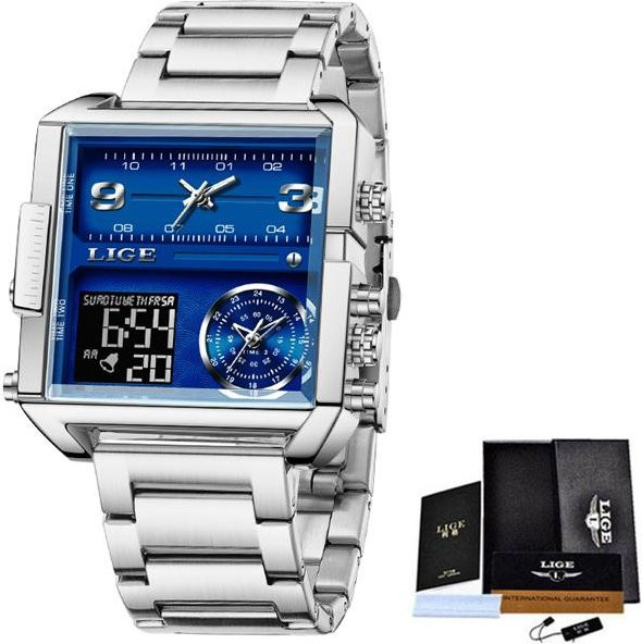 LIGE Armbanduhr, Quarz, Analog-Digital, Eckig, Blau, Silber, Herren - Bild 1