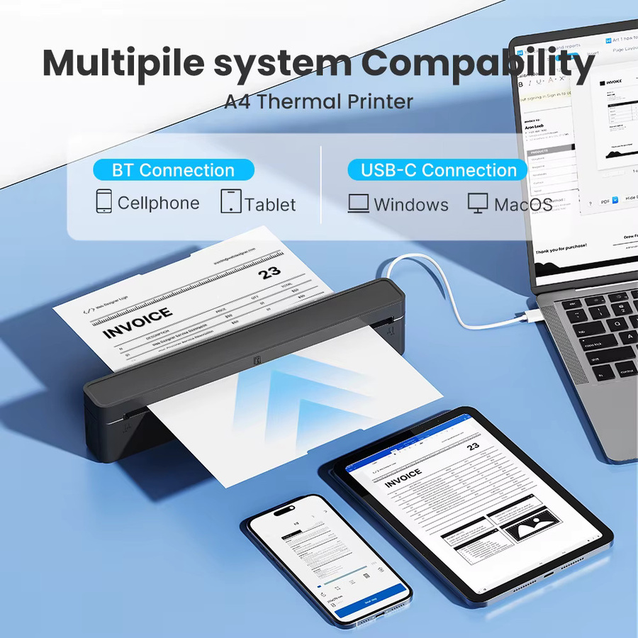 POLONO A10a Tragbarer Thermodrucker in Schwarz, tintenloser Drucker für A4 und US Letter, kompatibel mit Smartphone, Tablet und Laptop - Bild 2