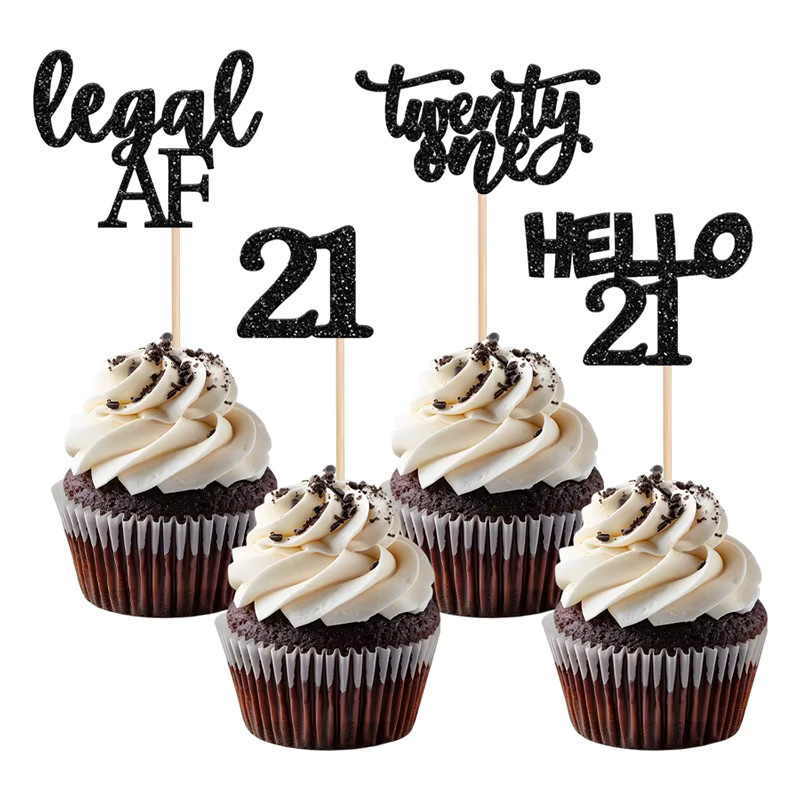 YOMDID 24 Stück Cupcake-Topper zum 21. Geburtstag in Gold und Schwarz mit Hello 21 Legal Af and Twenty One Designs - Bild 5