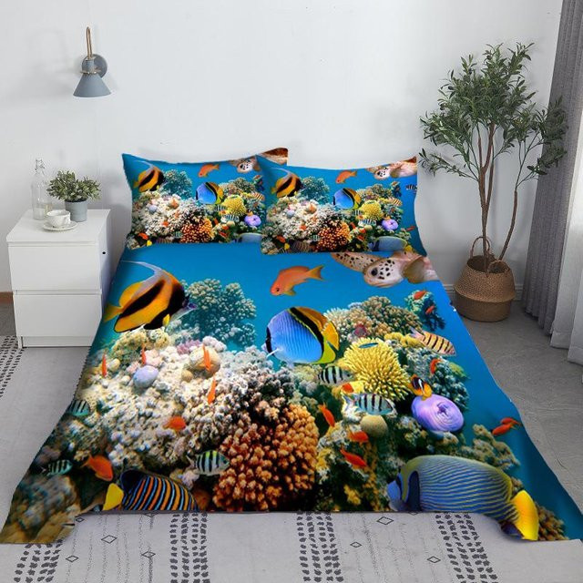 Lodestar Bettlaken-Set mit Kissenbezug Unterwasserwelt 3D-Druck Blau aus Polyester B/T: 160 x 230 cm - Bild 1
