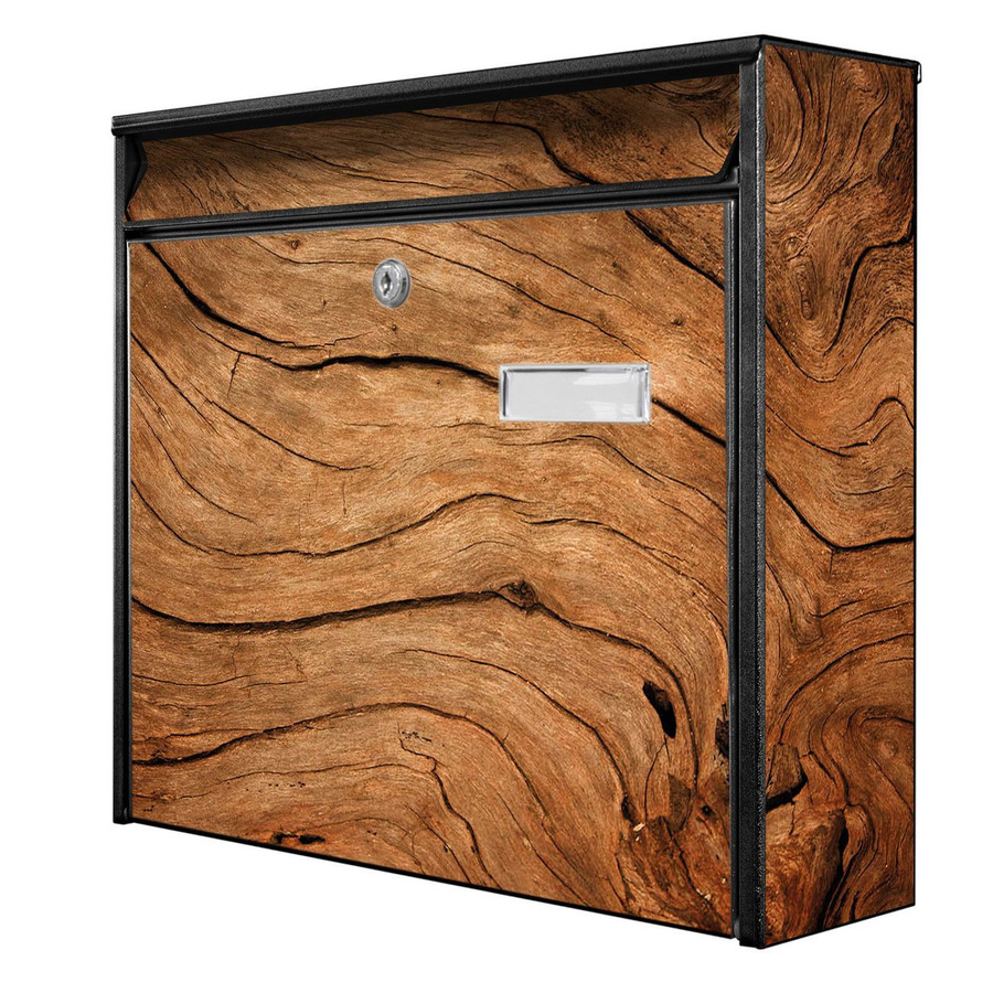 banjado Wandbriefkasten Modell Mail Burg Wächter in Schwarz und Braun mit Holzmaserung aus verzinktem und lackiertem Stahlblech B/H/T: 36 x 32 x 10 cm - Bild 1