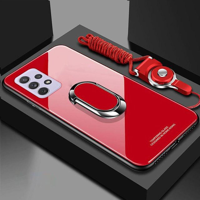 Handyhülle aus gehärtetem Glas für Samsung Galaxy A-Serie mit Magnetringhalter, Ständer und Lanyard in Rot - Bild 1