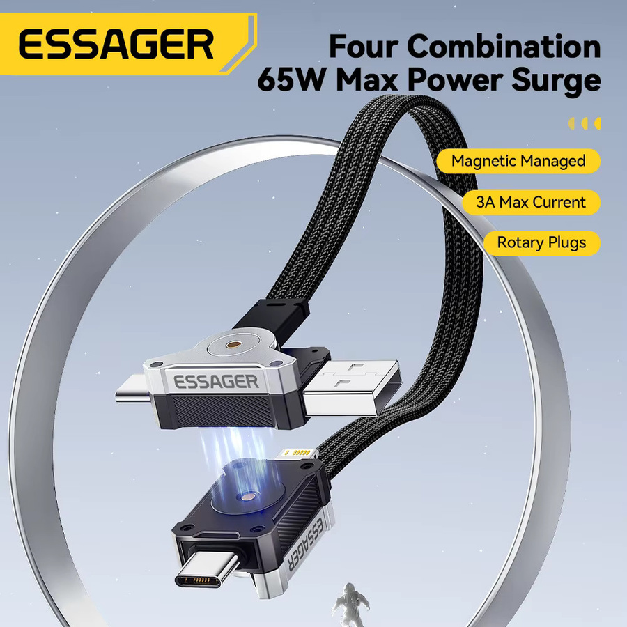 Essager 4-in-1 USB-C Mecha Schnellladekabel 65 W in Schwarz für iPhone 16 15 14 und MacBook - Bild 2