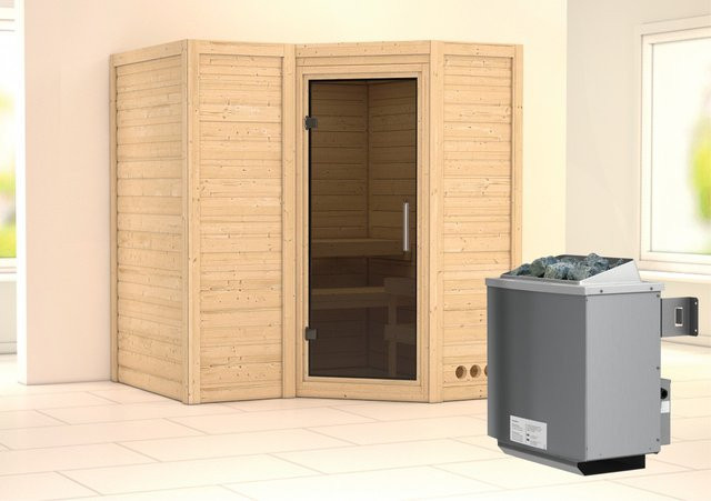 Karibu Massivholzsauna Steena 1 aus Fichte und Espe mit 9,0 kW Ofen und integrierter Steuerung, Ganzglastür in Graphit, B/T: 193 x 184 cm - Bild 1