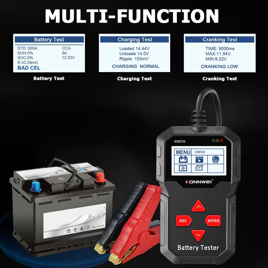 KONNWEI KW210 12V Auto-Batterietester, intelligenter Batterieanalysator für 100 bis 2000CCA Startstrom, Schwarz - Bild 4