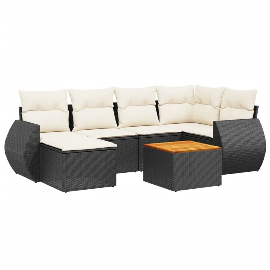 vidaXL 7-tlg Garten-Sofagarnitur in L-Form aus Polyrattan und Akazienholz mit Kissen in Schwarz - Bild 2