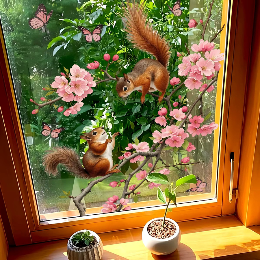 Kingsmile Fensteraufkleber mit Eichhörnchen und Kirschblüten, wiederverwendbare Sakura-Dekoration in Mehrfarbig - Bild 3
