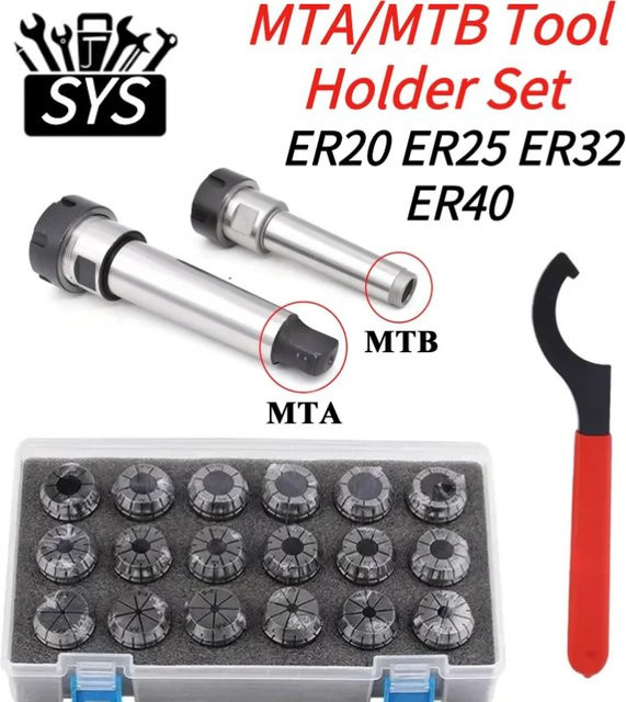 SYS Werkzeughalter-Set mit ER Spannzangenfutter und Morsehalter MTB für CNC-Fräsen, Silber - Bild 1