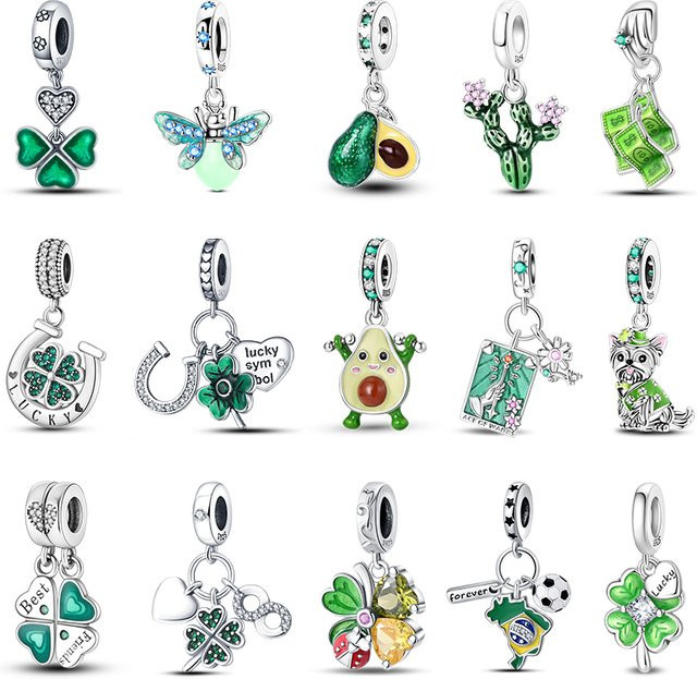Pandach Charm 925 Silber, Perle, Vierblättriges Kleeblatt, Avocado, Kaktus - Bild 1