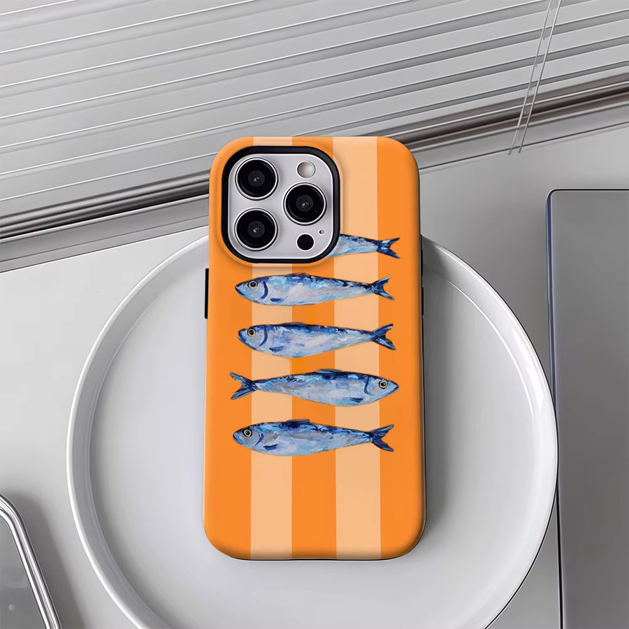 Handyhülle mit Gestreiften Fischen für Apple iPhone 17 16 15 14 13 12 Pro Max Plus in Orange mit doppelschichtiger Rückseite - Bild 3