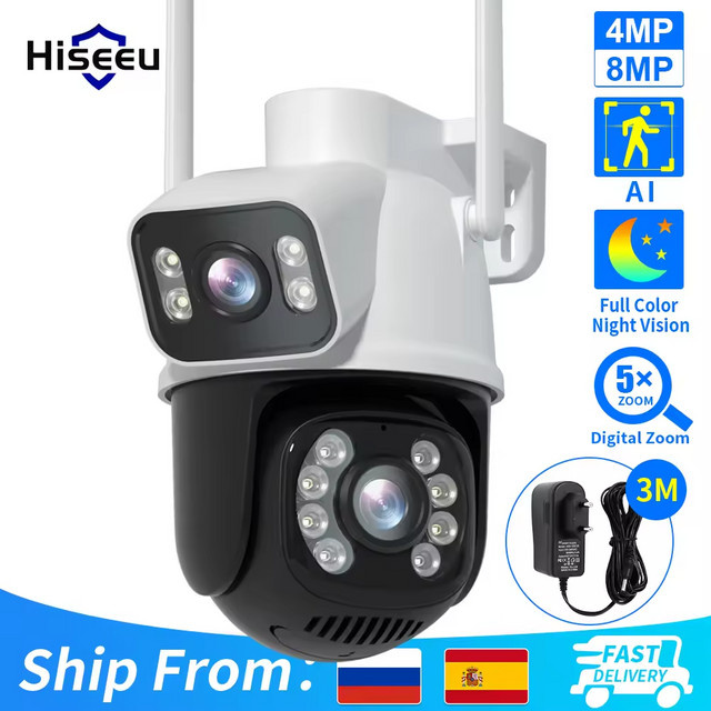 Hiseeu 4K 8MP PTZ WLAN IP-Kamera mit Doppellinse, 5-fach Zoom und farbiger Nachtsicht, kabellose CCTV-Überwachungskamera in Weiß - Bild 1