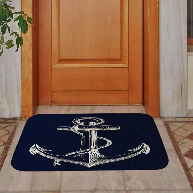 Nautische Fußmatte mit Anker-Motiv in Weiß und Marineblau, rutschfest und waschbar, B/T: 90 x 60 cm - Bild 2