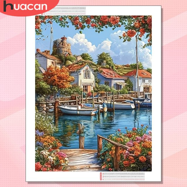 HUACAN Diamantmalerei Haus-Landschaft Küstenmotiv als 5D DIY Mosaik-Set in Multicolour für kreatives Handwerk und moderne Heimdekoration, B: 30,0 cm, H: 20,0 cm - Bild 1