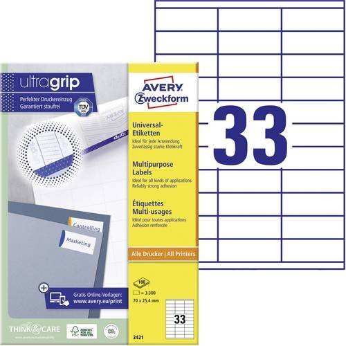 Avery-Zweckform Universal-Etiketten 3421, Mehrzwecketiketten, Weiß, Papier, B/H: 70 x 25,4 mm, 3300 Stück - Bild 1