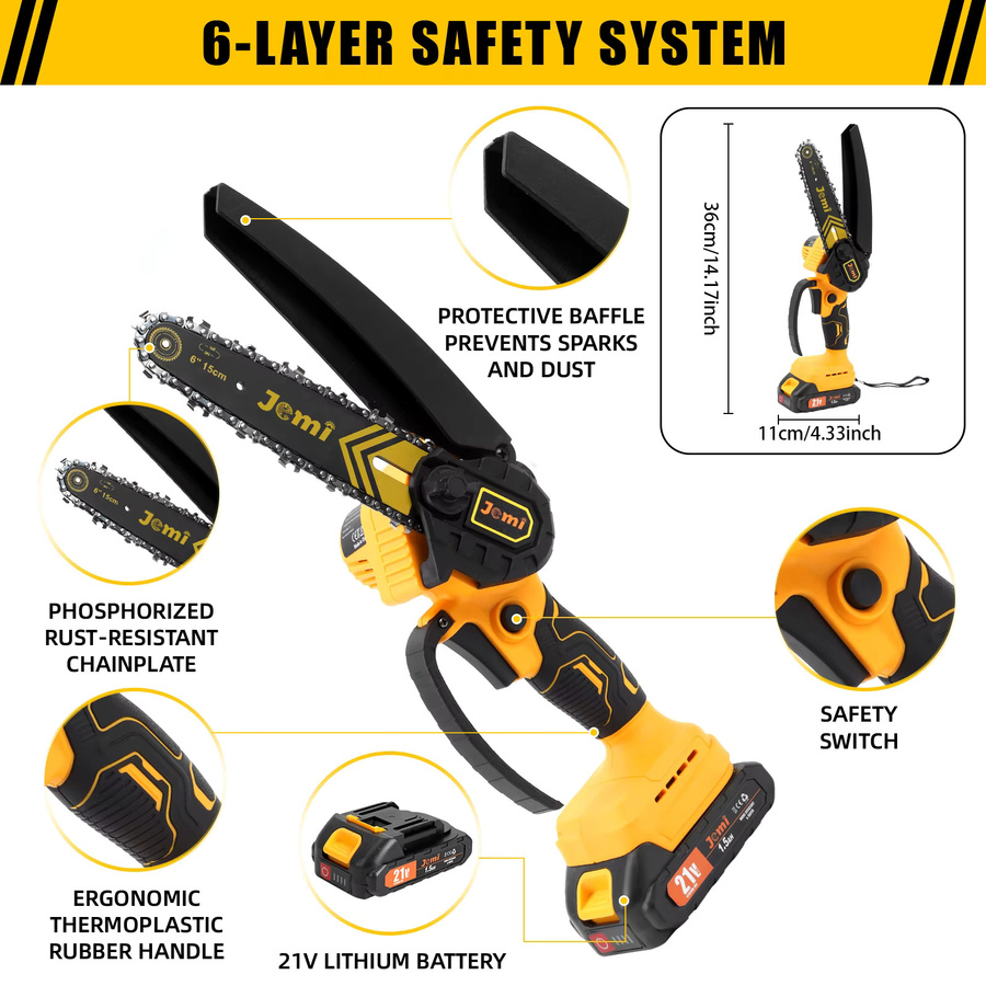 Jemi Tool Tragbare 6 Zoll Kettensäge Gelb mit Sicherheitsverriegelung und 2 Ketten passend für Makita LXT Akku - Bild 6