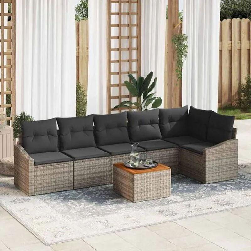 Vidaxl Garten-Sofa-Set aus 7 Teilen in Grau, modernes Polyrattan-Loungemöbel mit Akazien-Massivholz und Stahl - Bild 1