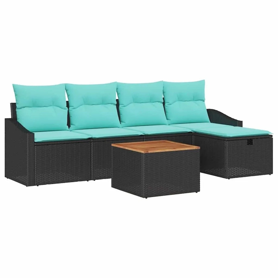 vidaXL Gartensofa-Set 6-teilig aus Poly-Rattan und Akazienholz in Schwarz mit Kissen - Bild 2