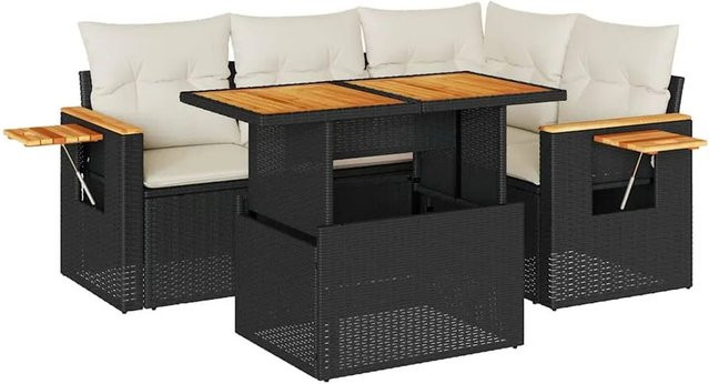 vidaXL 5-teilige Garten-Sofagarnitur aus Poly-Rattan und Akazienholz in Schwarz-Creme mit Kissen - Bild 1