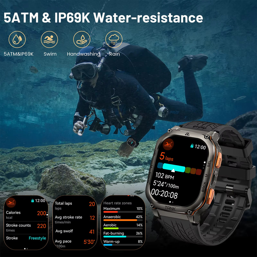 KOSPET TANK M3 Ultra GPS Smartwatch für Männer in Schwarz mit Kompass, Höhenmesser und Barometer, IP69K und 5ATM wasserdicht - Bild 4