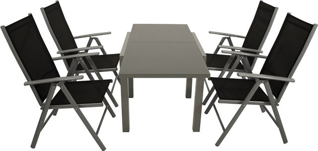DEGAMO Gartenmöbel Garnitur MARINA 5-teilig aus Aluminium in Silbergrau mit Glas und schwarzem Textilgewebe - Bild 1
