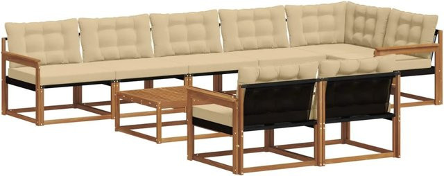 vidaXL Outdoor-Sofagarnitur 9-teilig in U-Form aus Akazienholz mit Textilene und Kissen in Natur-Beige - Bild 1