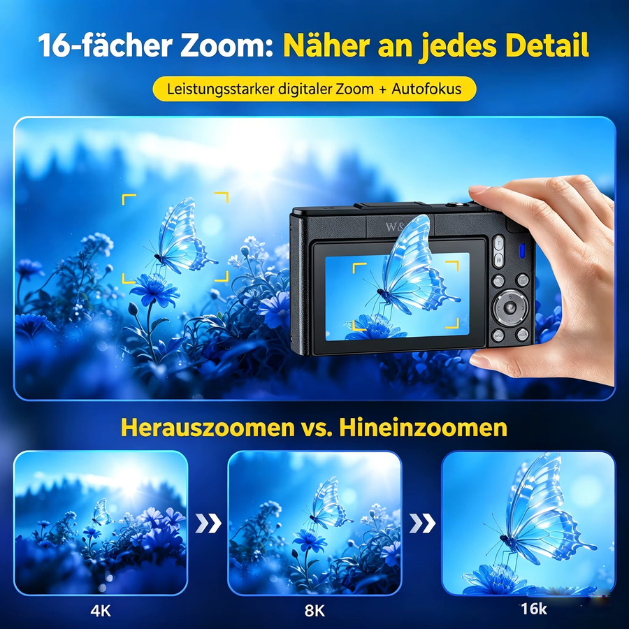 W&O Kompakte Digitalkamera in Schwarz mit 4K, 16X Digitalzoom und 180° Flip-Screen für Vlogging und YouTube inklusive 32GB Speicherkarte - Bild 3