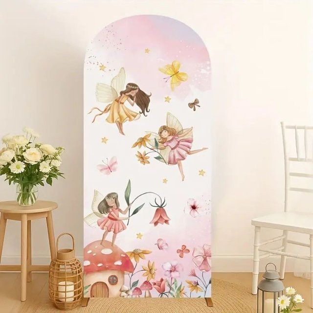 VIKAMA Feenblumen-Pilzhaus Fotohintergrund aus elastischem Stoff für deine Geburtstagsfeier, Multicolor, B: 120 cm, H: 170 cm - Bild 1