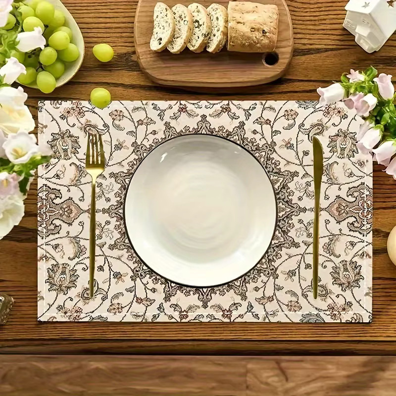 VIKAMA 4-teiliges Tischset-Set aus Leinen in Beige mit floralem Vintage-Muster, rechteckig und wasserabweisend - Bild 4