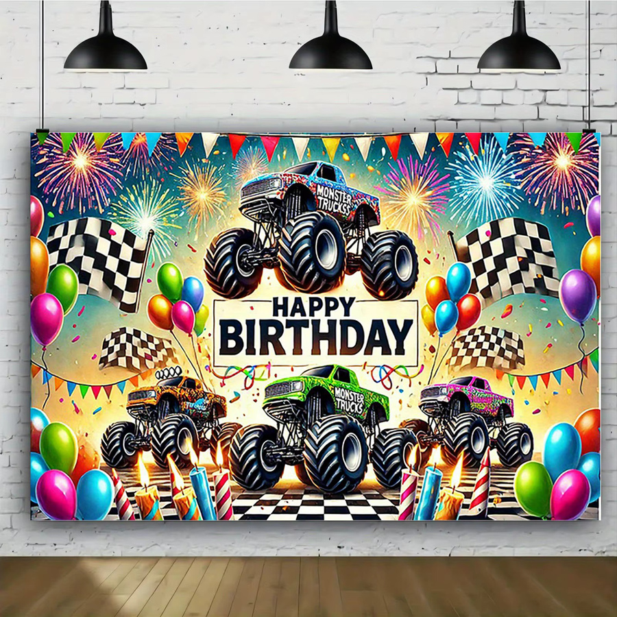 Monster Truck Party Banner aus Polyester in Mehrfarbig für Geburtstage und Festivals, Rechteckig, Breite: 150 cm, Höhe: 100 cm - Bild 3