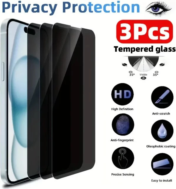 3er-Pack Sichtschutzfolie aus Anti-Spionage-Glas für Apple iPhone 16 15 14 13 12 11 Pro Max Plus XR XS 7 8 in Schwarz - Bild 1