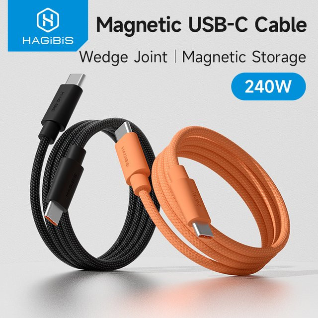 Hagibis Magnetisches USB-C-Kabel Spiralförmiges C-zu-C-Ladekabel 240W Schnellladung in Orange für iPhone 16/17 Pro und CarPlay - Bild 1