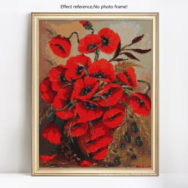 FIYO Diamantstickerei Blumen Motiv in Rot mit runden Steinen, Breite: 30 cm, Höhe: 20 cm - Bild 1