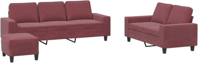 vidaXL 3-teilige Sofagarnitur in Weinrot mit 3-Sitzer, 2-Sitzer und Ottoman aus Stoff und Metall - Bild 1