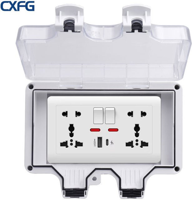 Wasserdichte IP66 Außensteckdose mit USB-Typ-C-Ladebuchse und 2-Gang-Schaltersteuerung in Weiß - Bild 1