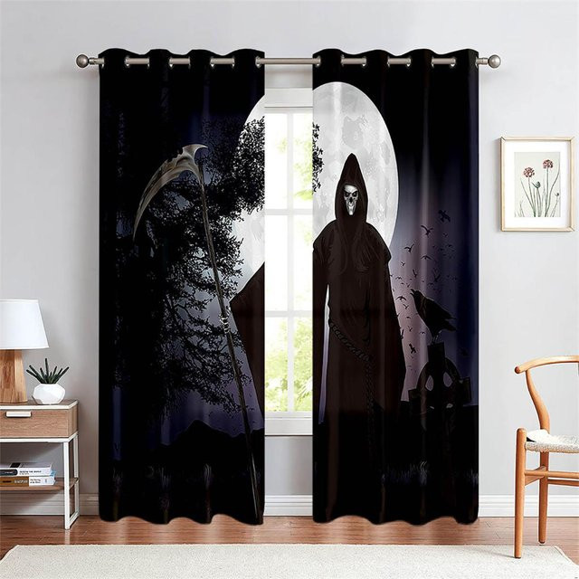 Halloween Dekorative Vorhänge mit 3D-Motiv Hand, Schädel und Fledermaus in Schwarz, 2 Paneele, B: 50 cm, H: 130 cm - Bild 1
