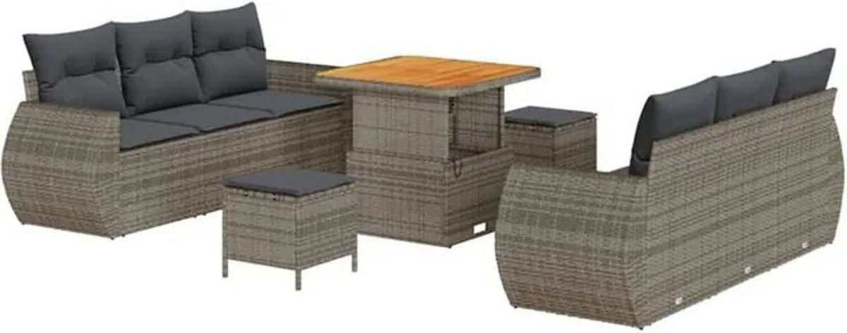 vidaXL Garten-Sofa-Set aus Rattan und Metall mit Kissen und Stauraum, 9-teilig, Grau - Bild 1